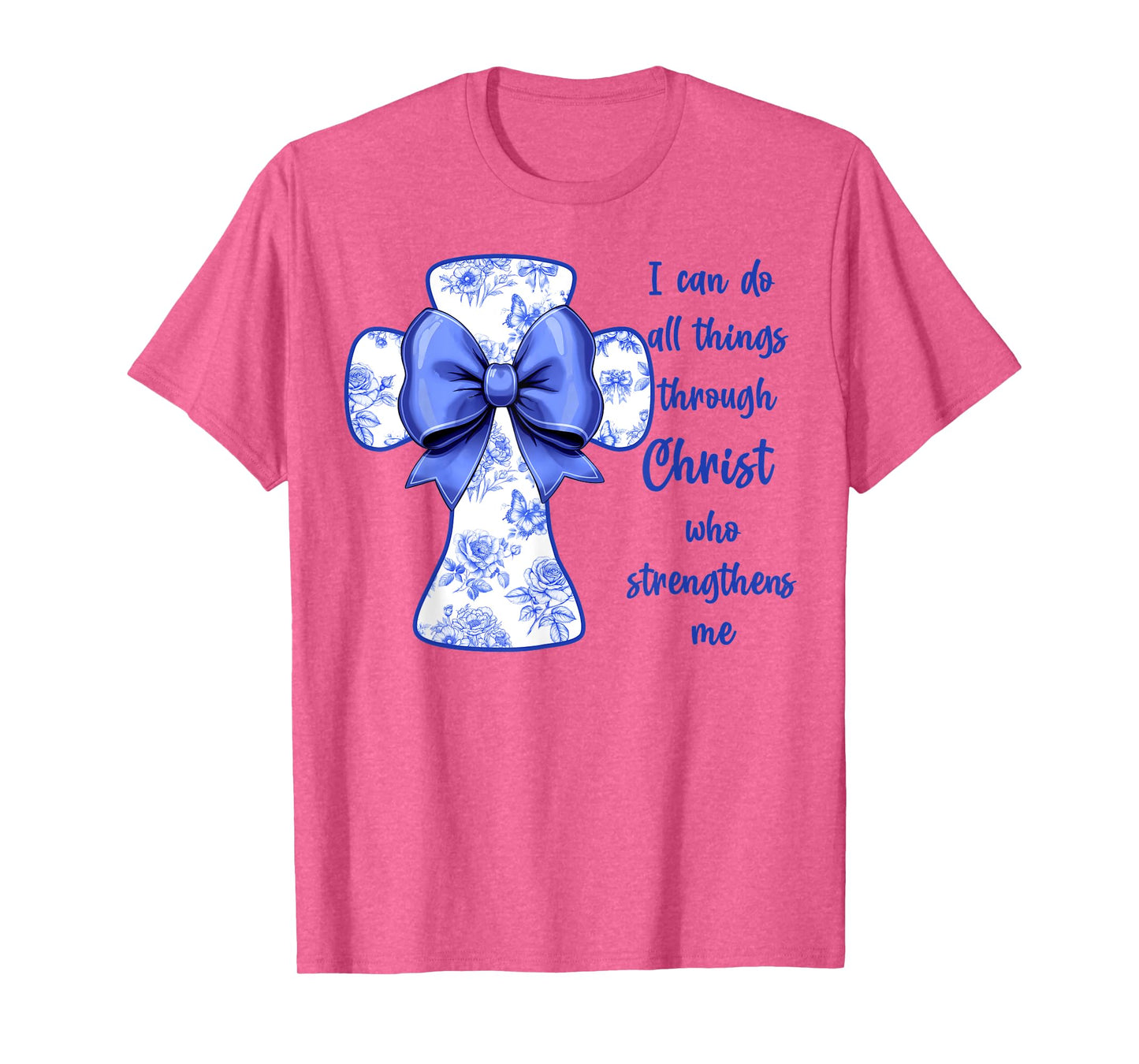 I Can Do All Things Through Christ Blue Toile Cross And Bow T-Shirt