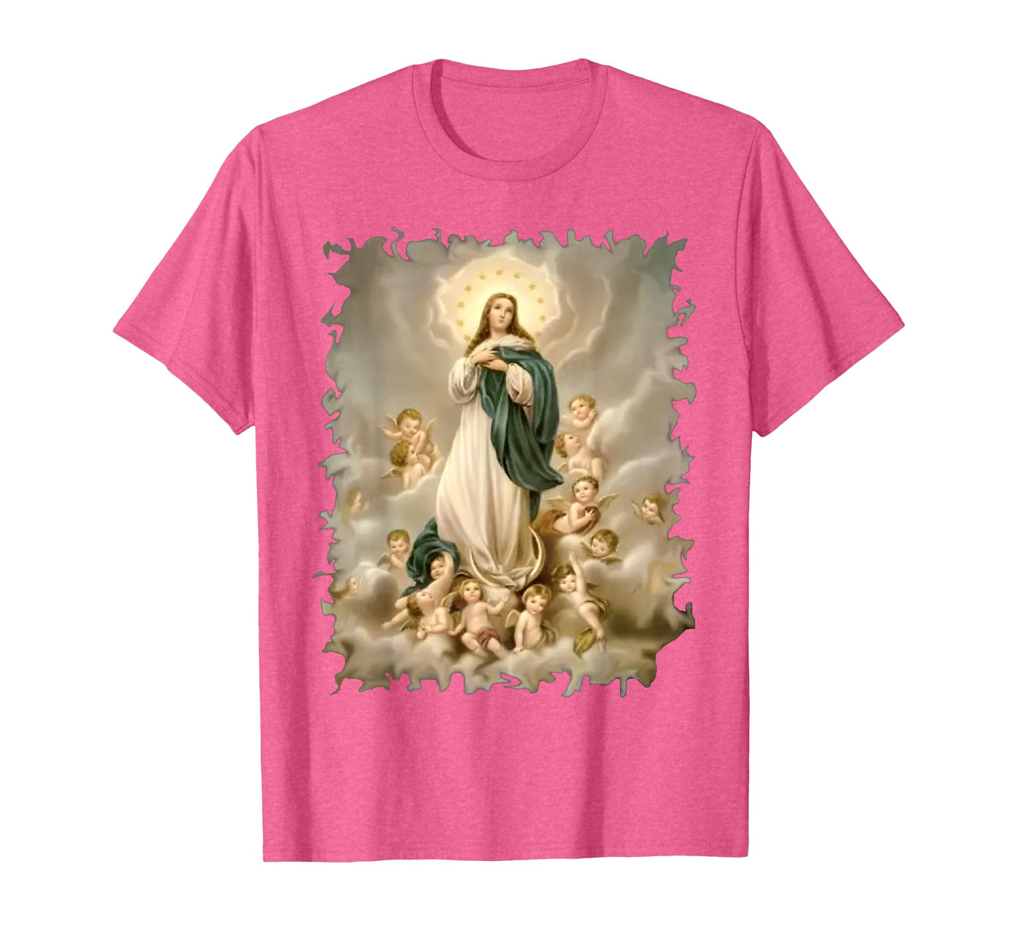 Blessed Virgin Mary and Cute Angels Pattern in Heaven Scene T-Shirt