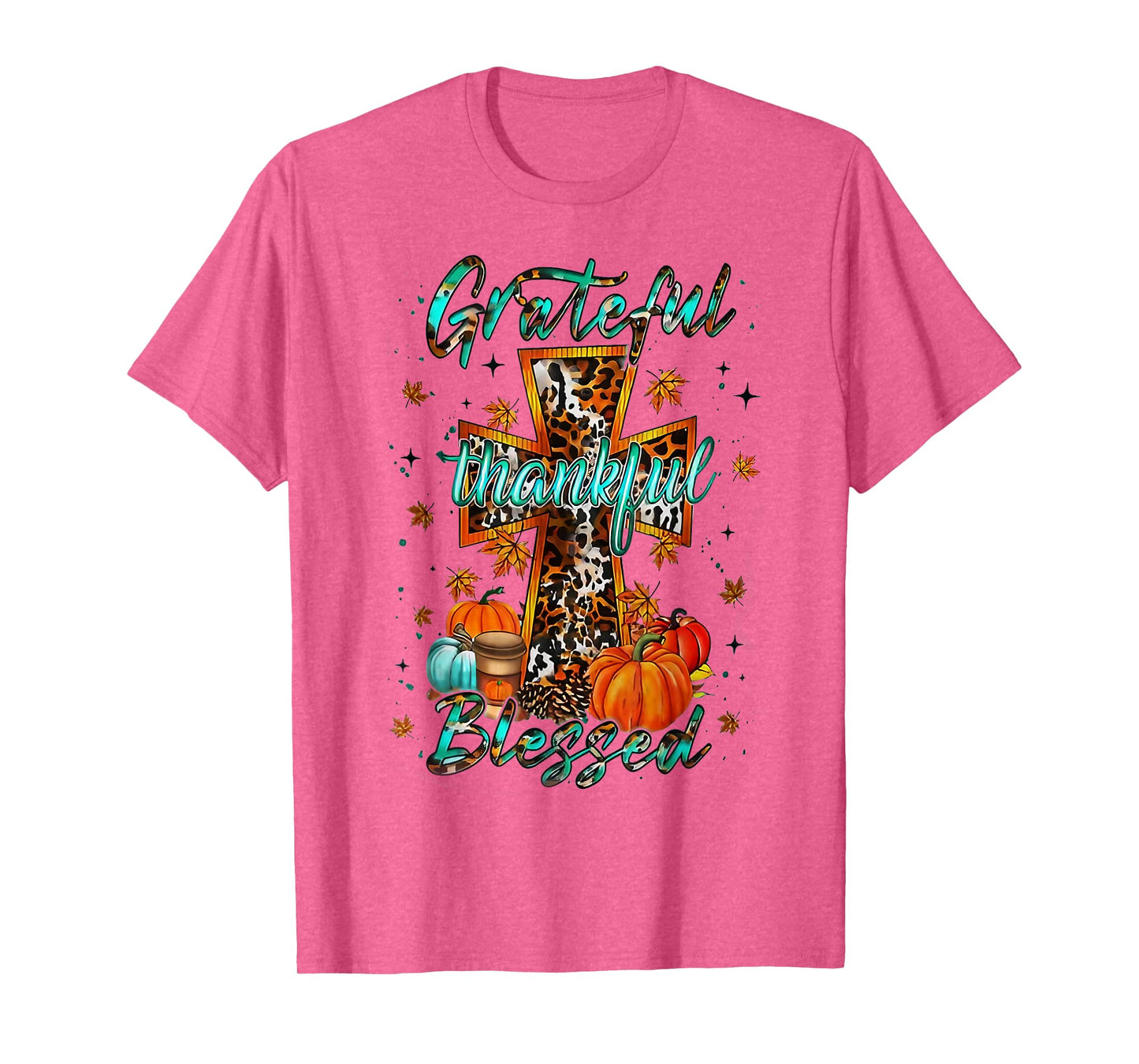 Grateful Thankful Blessed Cross Faith Pumpkin Leopard Autumn T-Shirt