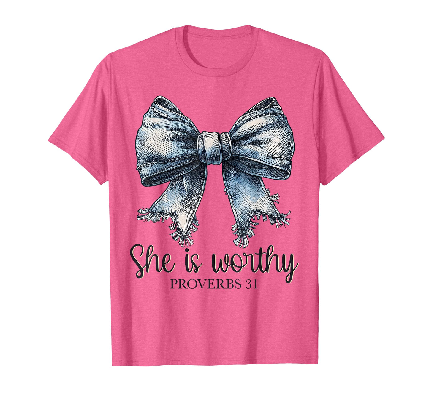 Denim She is Worthy Bow Proverbs Coquette Christian Women's T-Shirt