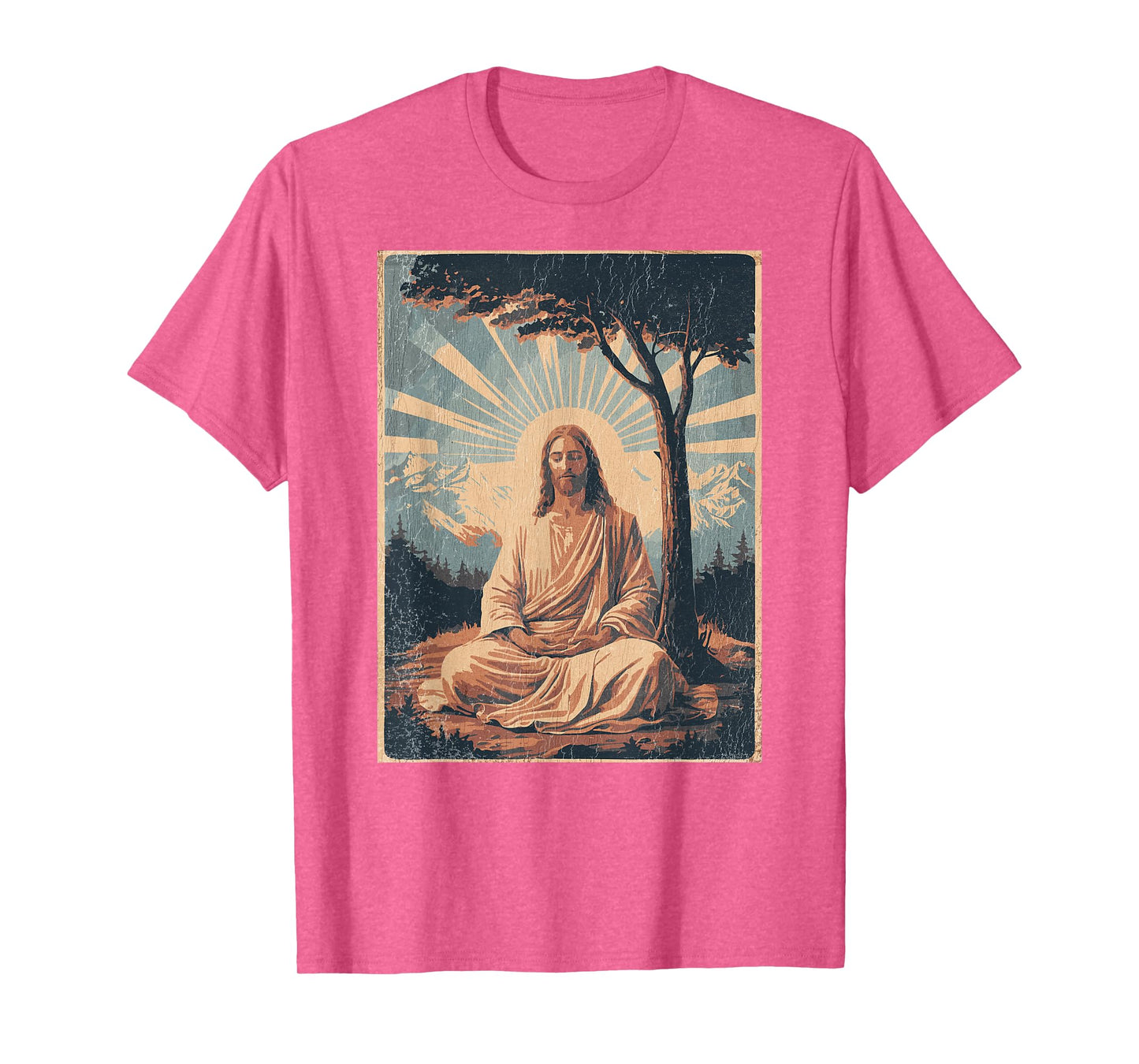 Jesus Meditating Under Tree, Mountains - Retro Faded Print T-Shirt