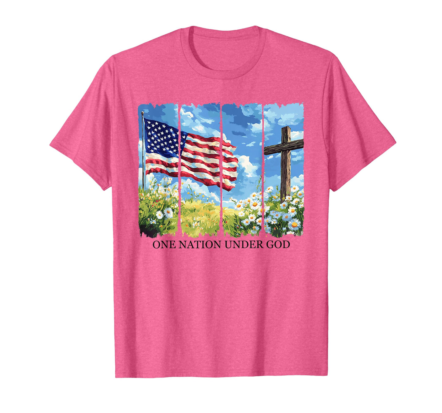 One Nation Under God USA Flag Flowers Red White Blue Cross T-Shirt
