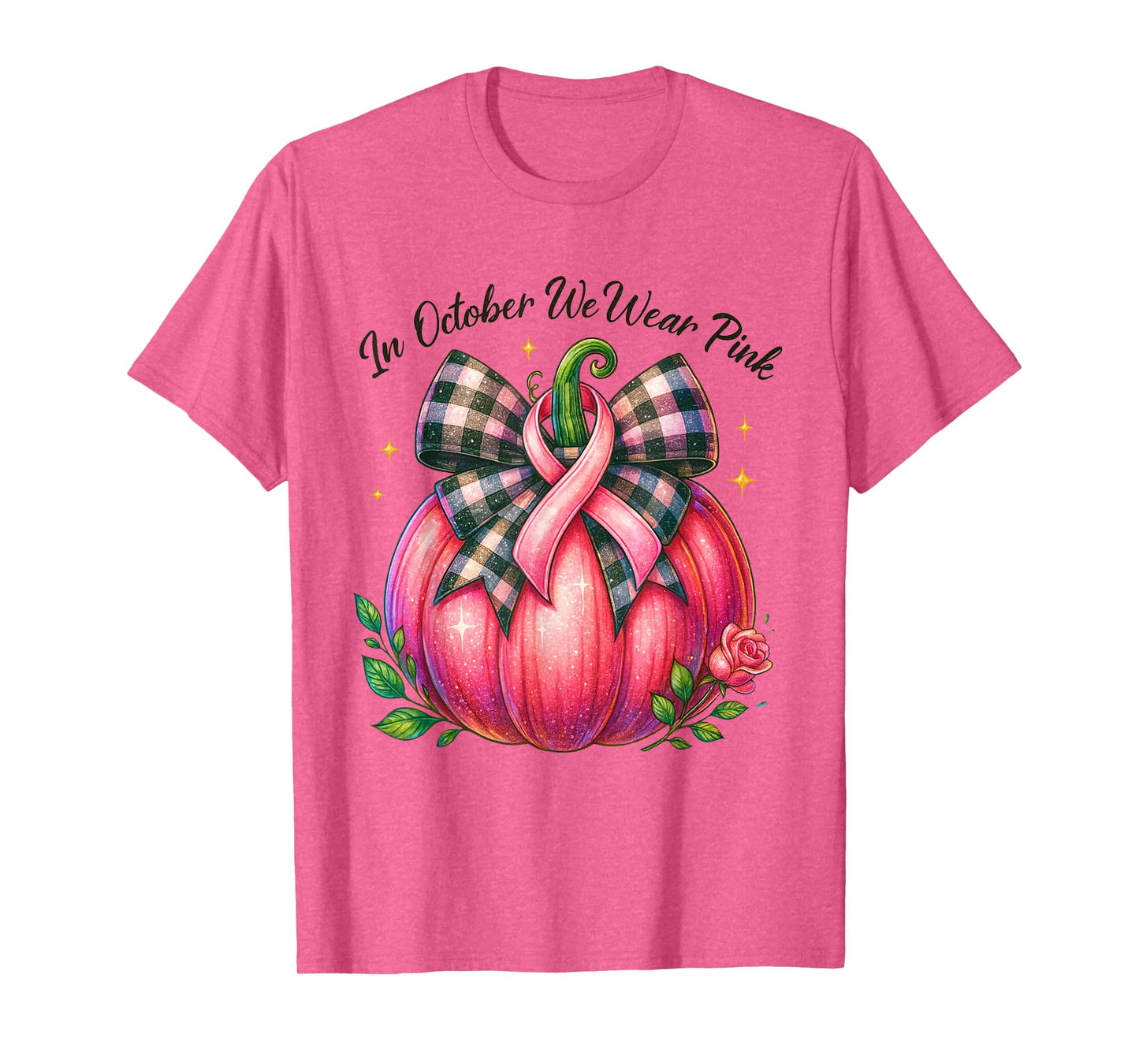 Bow Tie Pumpkin in October We Wear Pink Ribbon Breast Cancer T-Shirt