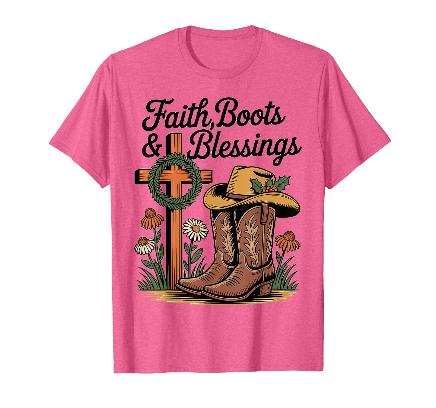 Faith Boots and Blessings Woodcut Rustic Retro Christmas T-Shirt