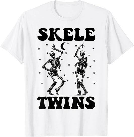 Twins Halloween Matching Skeletwins Funny Dancing Skeletons T-Shirt - T-Shirt | White