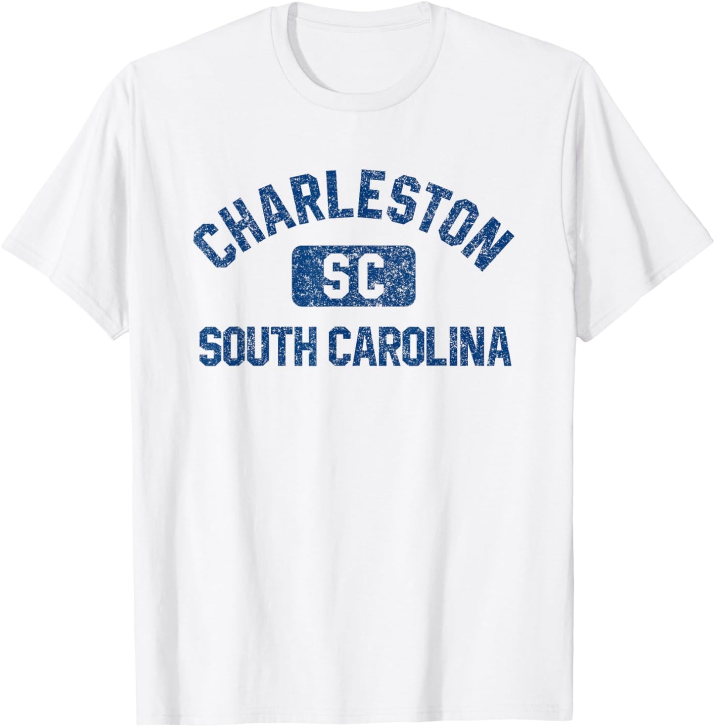 Charleston SC Gym Style Distressed Dark Blue Print T-Shirt - T-Shirt | White