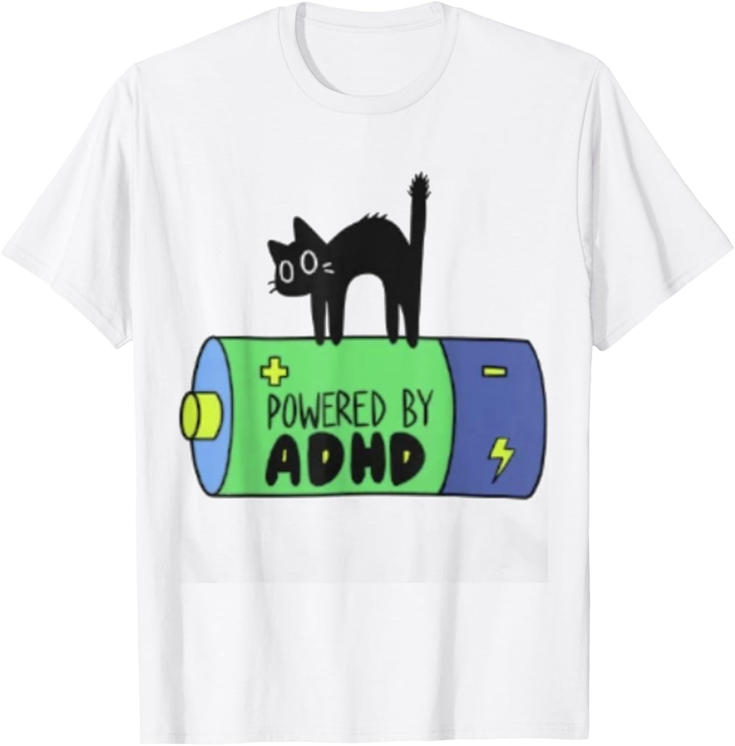 Powered By ADHD Cat Funny T-Shirt - T-Shirt | White