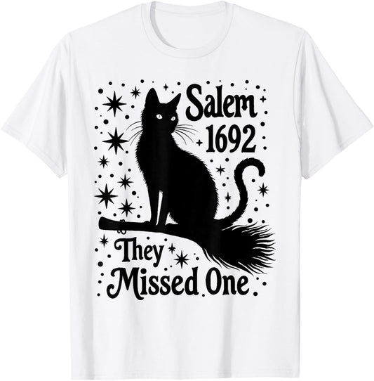 salem They missed one black Mystic Cat on broomstick moon T-Shirt - T-Shirt | White