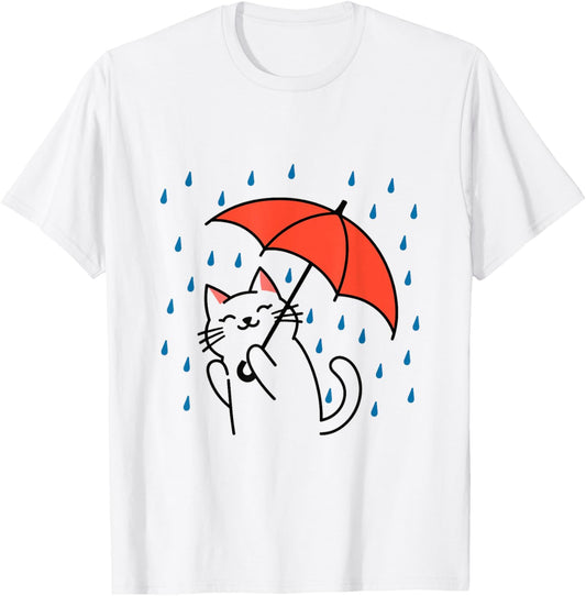 Raining Cat Under Umbrella Autumn Cat T-Shirt - T-Shirt | White
