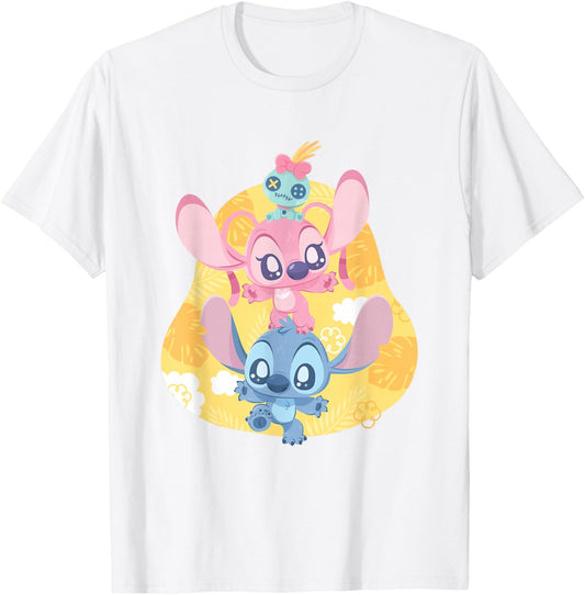 Disney Lilo & Stitch Cute Baby Stitch Angel Playing Logo T-Shirt - T-Shirt | White