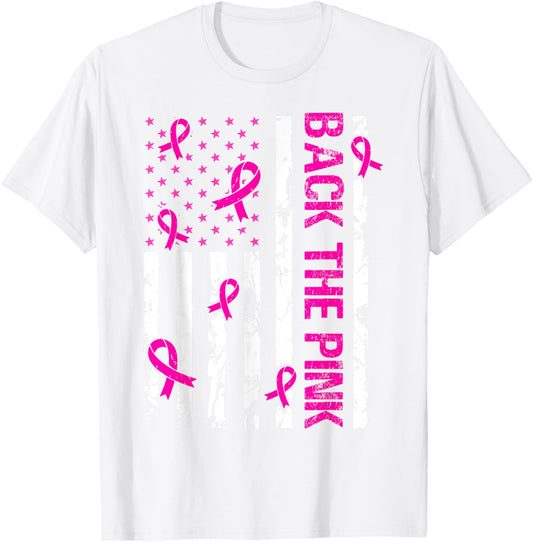 Back The Pink American Flag Breast Cancer Awareness October T-Shirt - T-Shirt | White