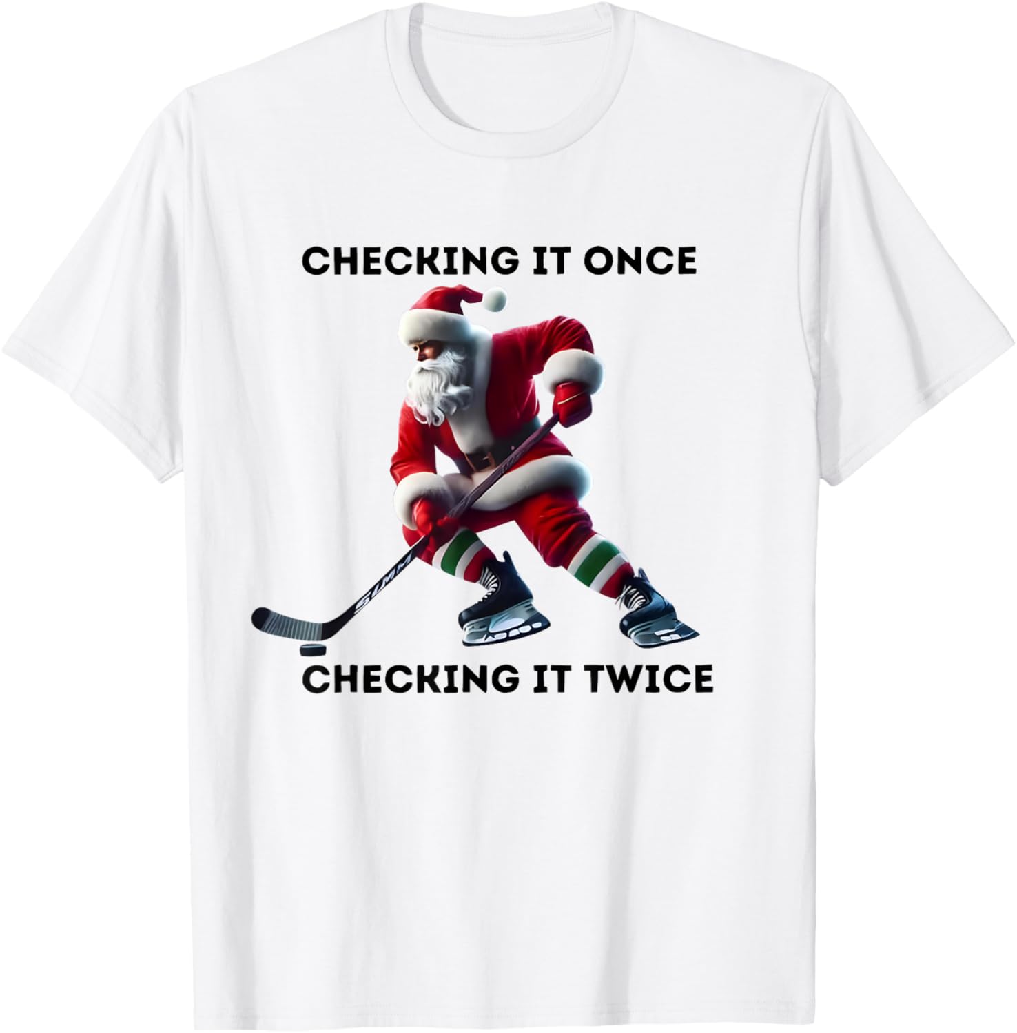 Checking It Once Checking It Twice Hockey Santa Christmas T-Shirt - T-Shirt | White