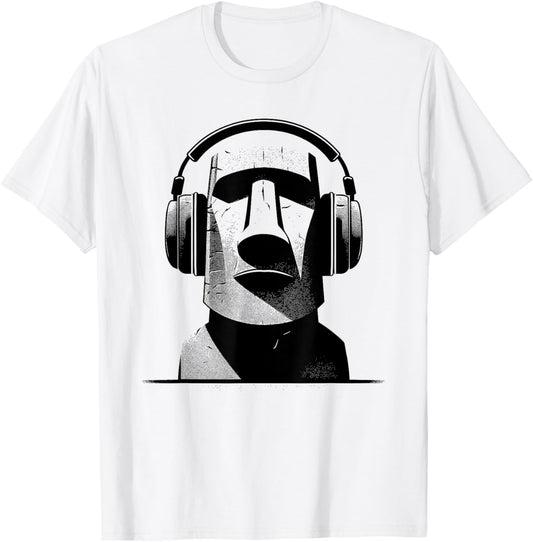 Easter Island Moai Statue Headphones Music Lover Funny T-Shirt - T-Shirt | White