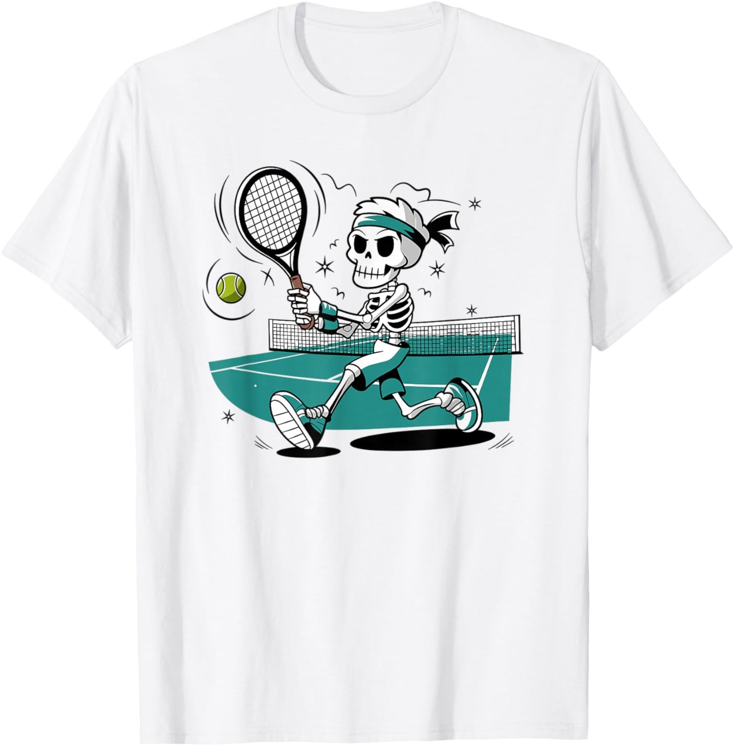 Skeleton Playing Tennis With Racket Illustration T-Shirt - T-Shirt | White