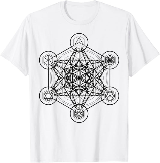 Metatron's Cube Sacred Geometry Platonic Solids Black Lines T-Shirt - T-Shirt | White