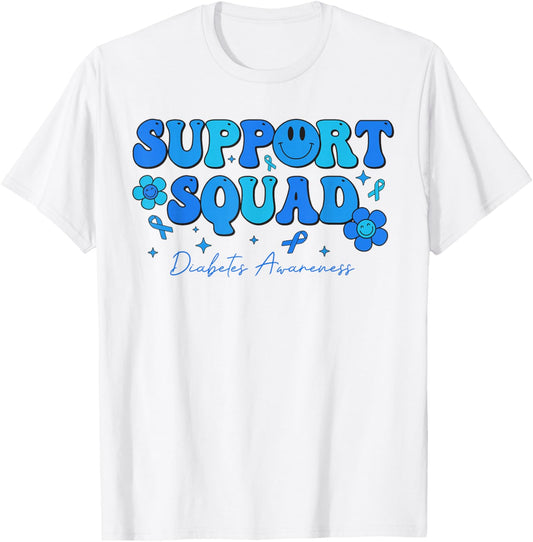 Retro Groovy Support Squad Blue Ribbon Diabetes Awareness T-Shirt - T-Shirt | White