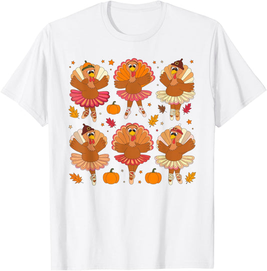 Autumn Ballerinas Dancing Cute Turkey Thanksgiving Girls T-Shirt - T-Shirt | White
