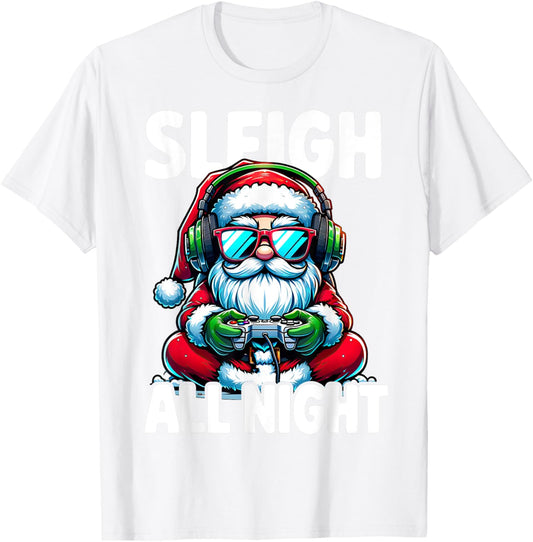 Christmas Gamer Boys Sleigh All Night Video Game Santa Xmas T-Shirt - T-Shirt | White
