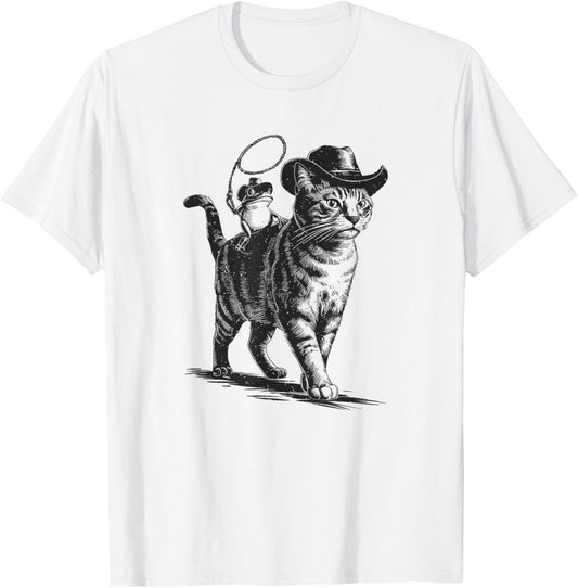 Cowboy Cat and Frog Retro Western Theme 90s Tattoo T-Shirt - T-Shirt | White