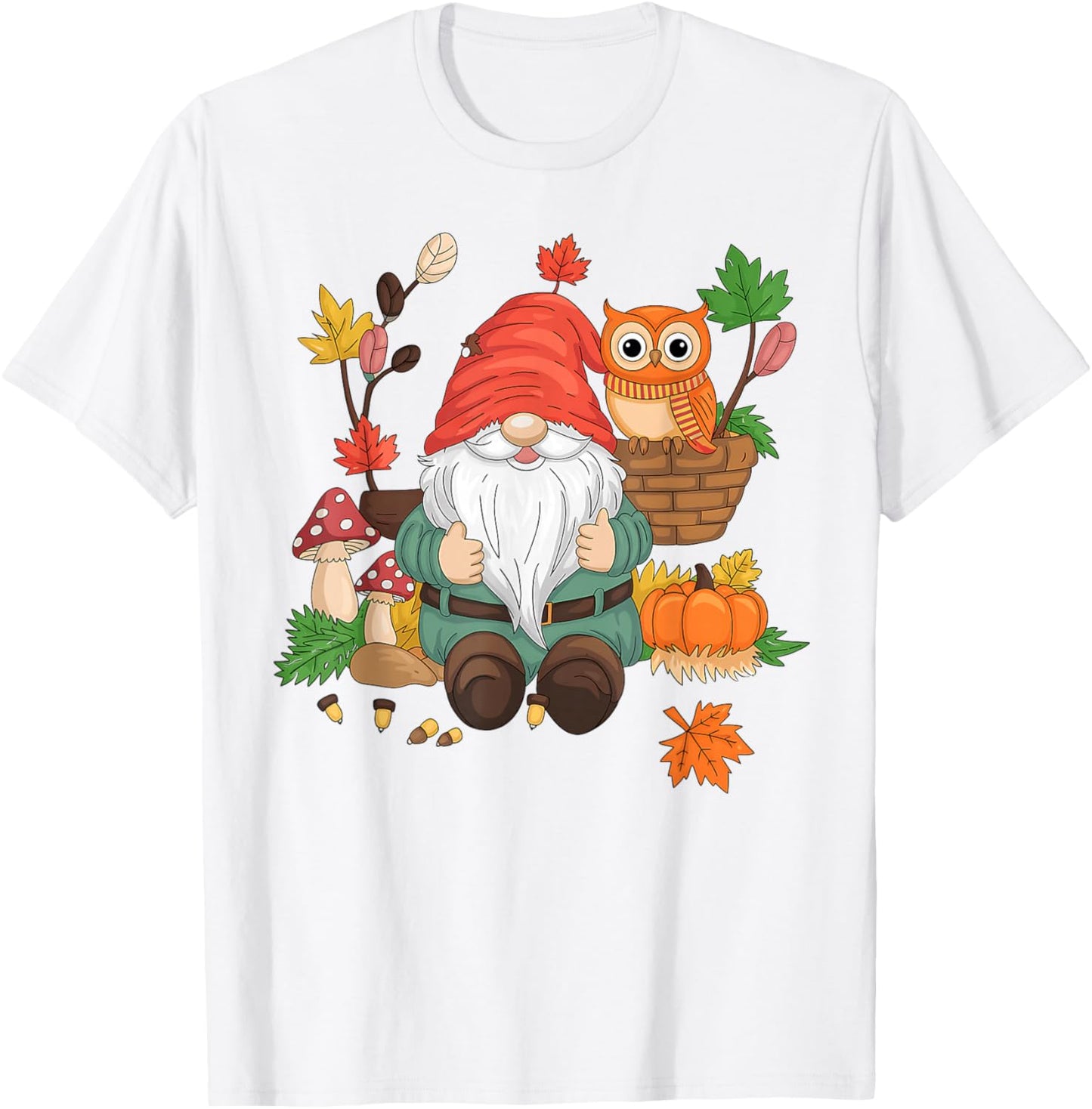 Autumn Season Design Leaves, Owls and Cute Fall Gnome T-Shirt - T-Shirt | White