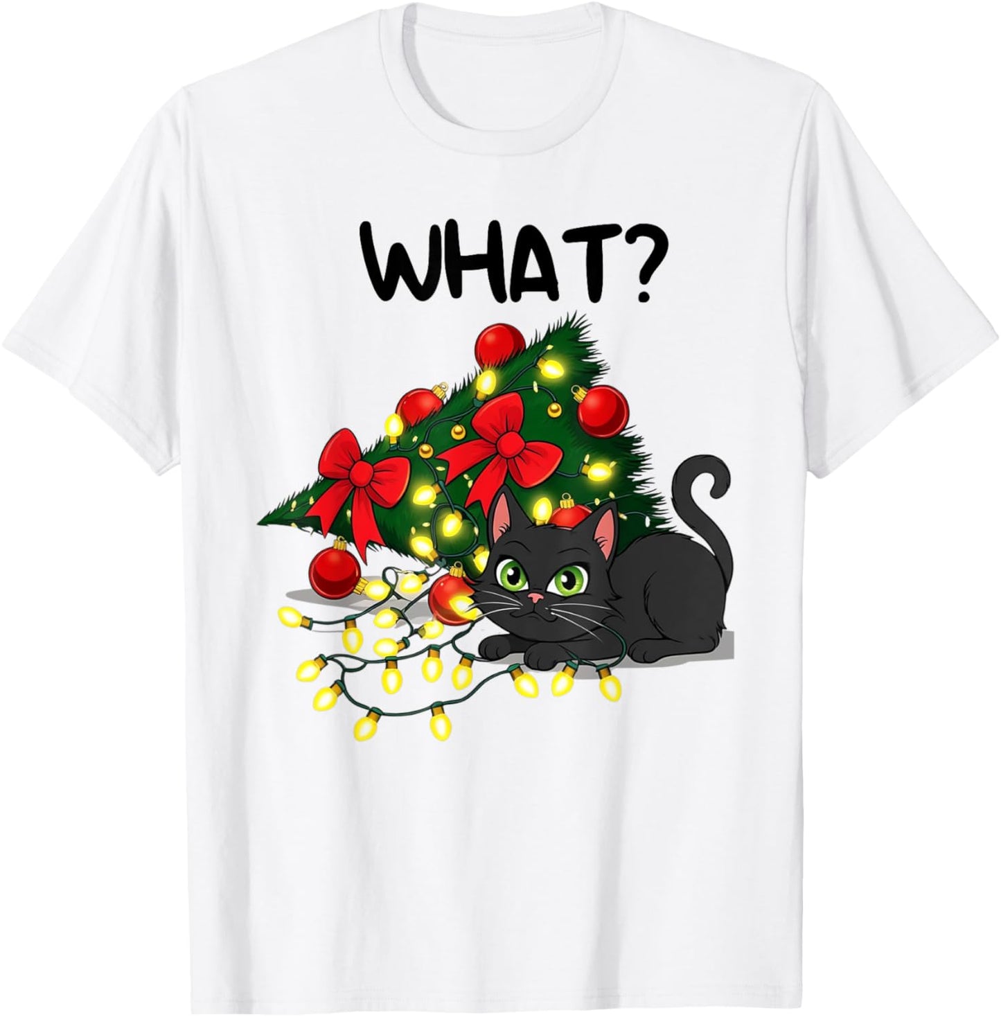 Funny Black Cat Pushing Christmas Tree Over Cat What? Xmas T-Shirt - T-Shirt | White