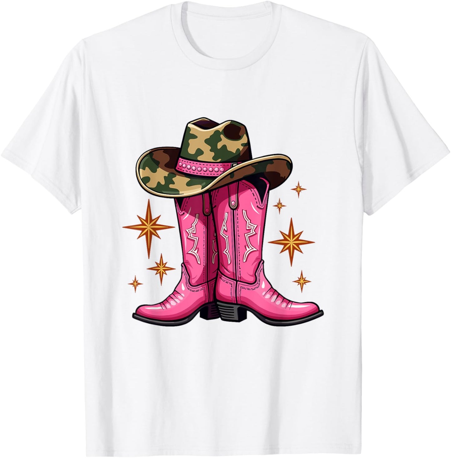Pink Cowboy Boots & Camo Hat Country Western T-Shirt - T-Shirt | White