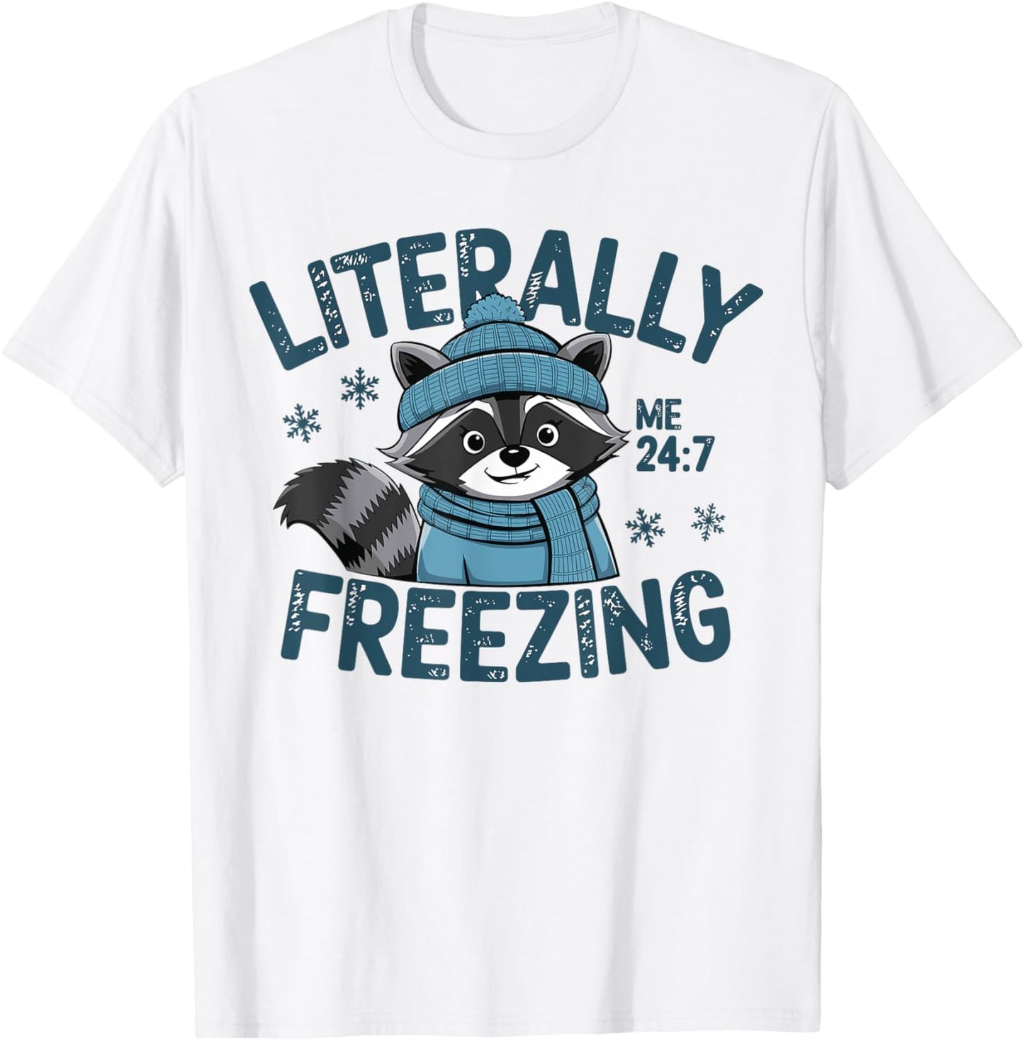 Literally Freezing Winter Funny Cold Raccoon Scarf Retro T-Shirt - T-Shirt | White