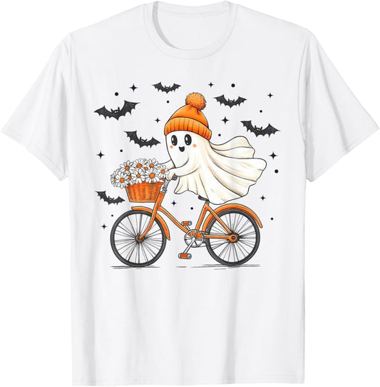 Ghost On Bike Riding Halloween Autumn Fall Season Cyclist T-Shirt - T-Shirt | White