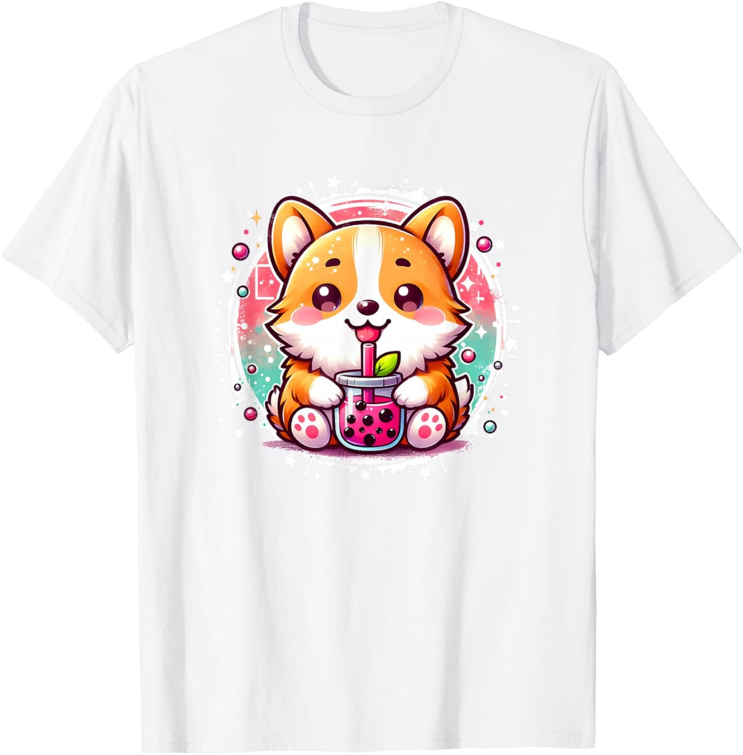 Cute Kawaii Stuff Corgi Dog Drinks Boba Bubble Tea Anime - Pink, Small, , Short Sleeve, Anime Themed Corgi Dog T-Shirt - T-Shirt | White