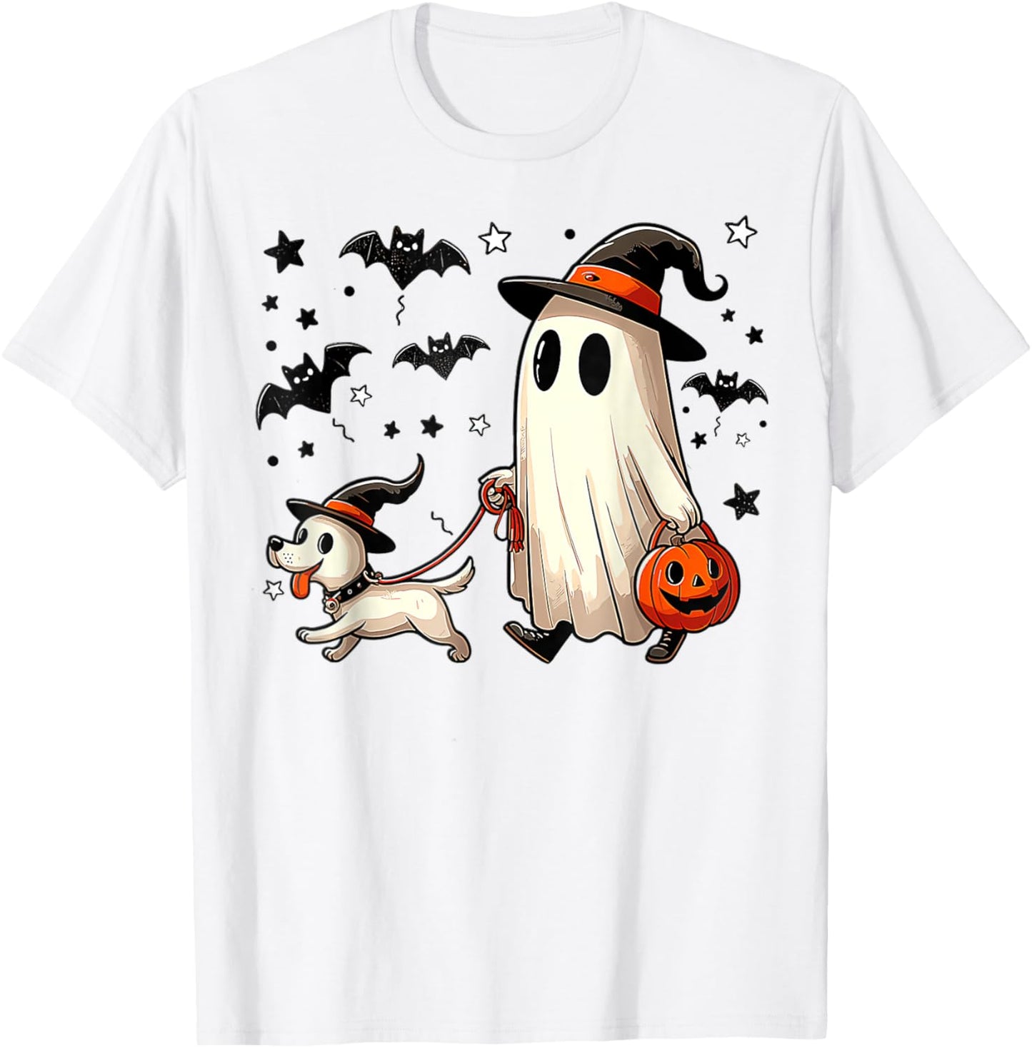 Ghost Walking Dog Spooky Season Halloween Men Women Kids T-Shirt - T-Shirt | White