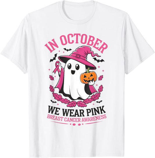 In October We Wear Pink Breast Cancer Awareness Halloween T-Shirt - T-Shirt | White