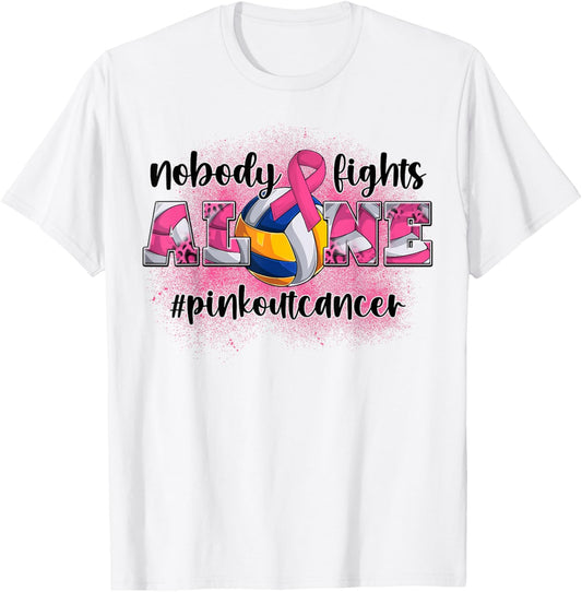 Nobody Fights Alone Pink Out Breast Cancer Volleyball Women T-Shirt - T-Shirt | White