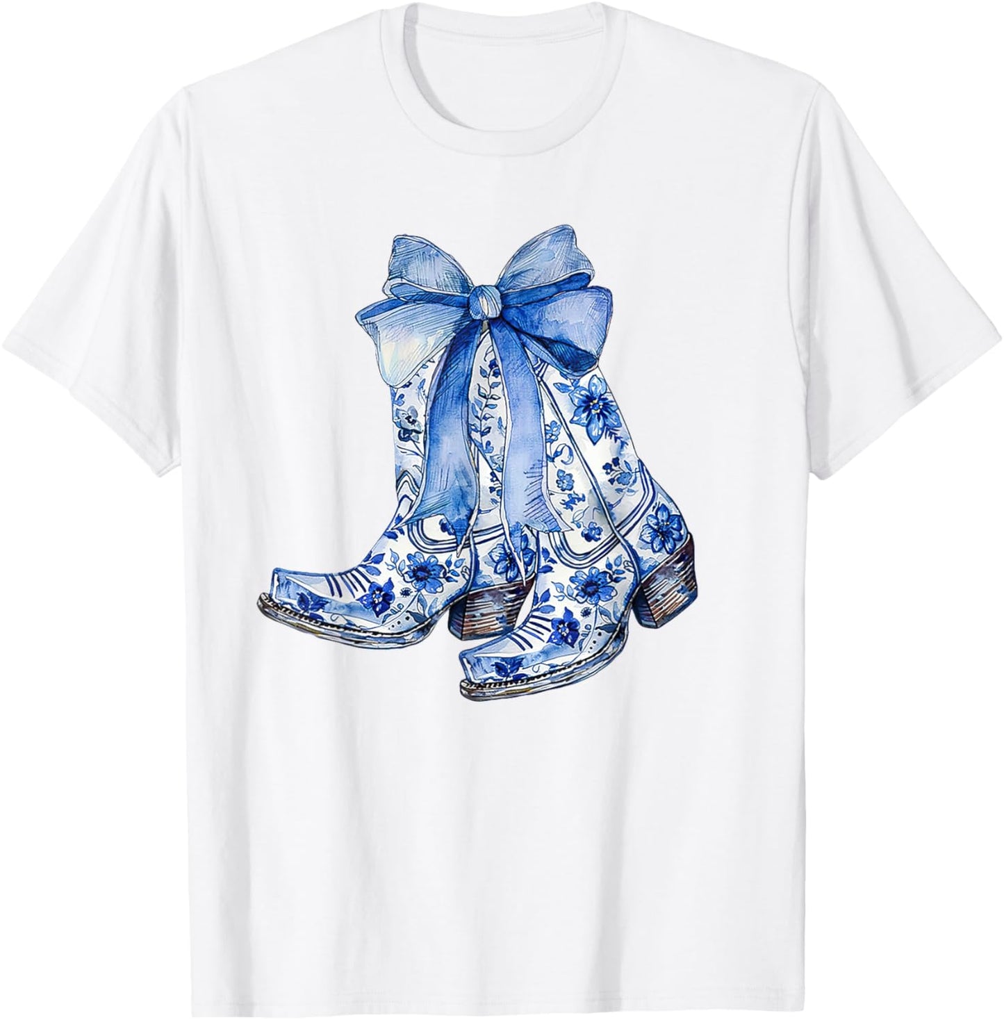 Blue and White Coastal Cowgirl Boot T-Shirt - T-Shirt | White