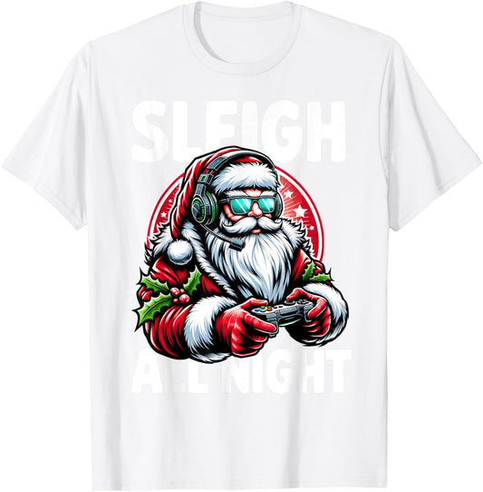 Christmas Gamer Boys Sleigh All Night Video Game Santa Xmas T-Shirt - T-Shirt | White