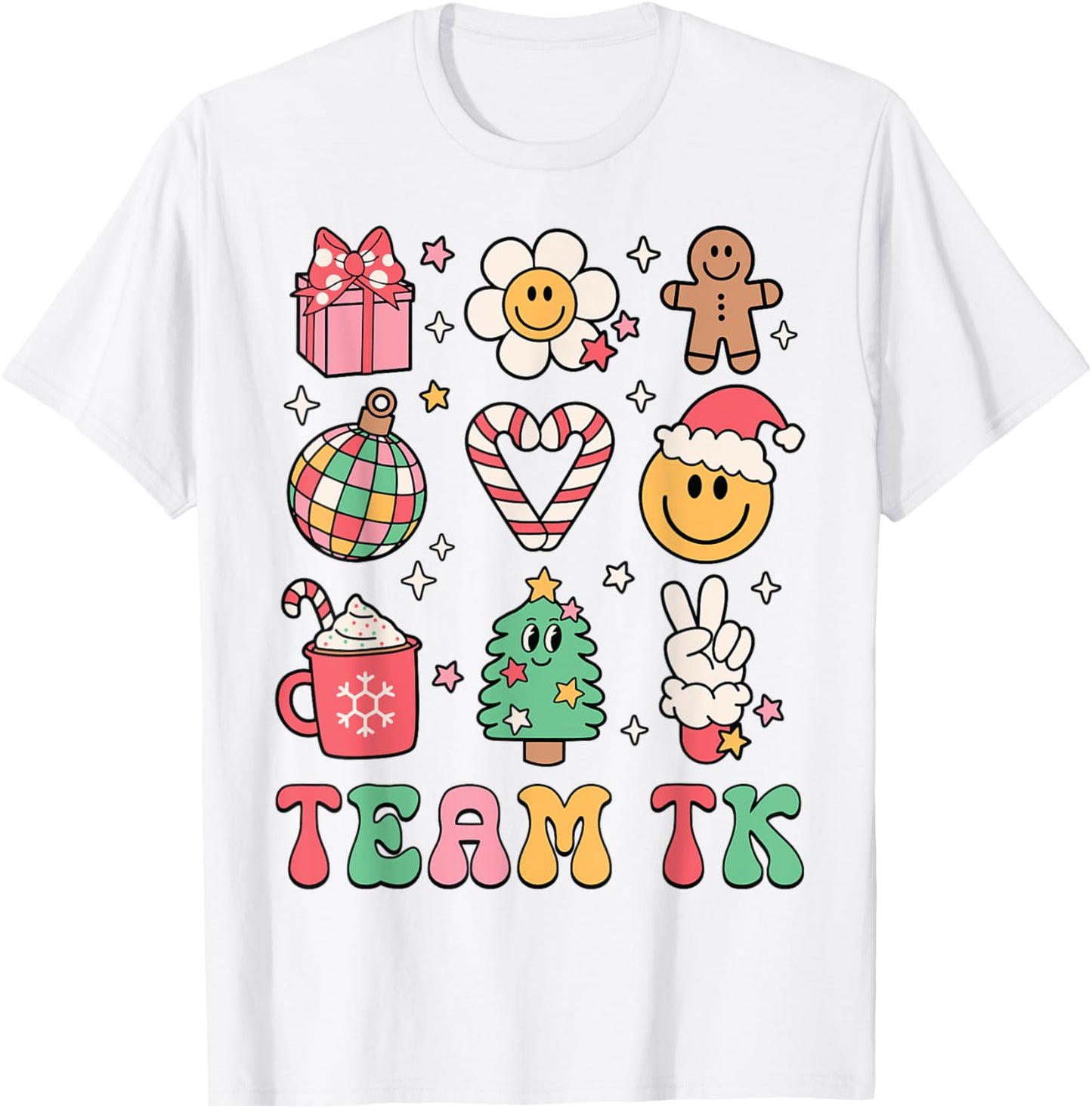 Team TK Teacher Christmas Groovy Smile Face Girl Boy Kid TK T-Shirt - T-Shirt | White