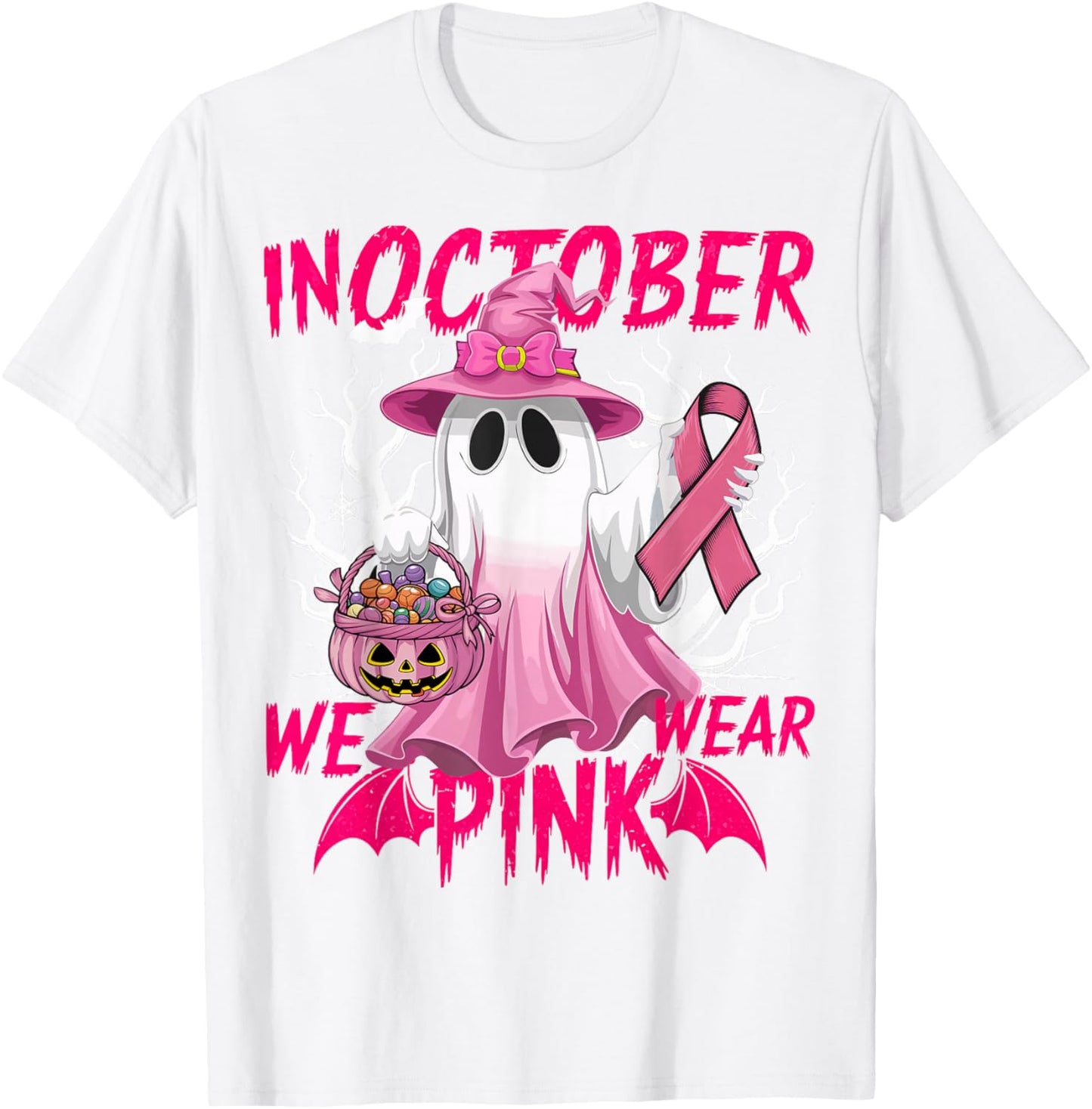 In October We Wear Pink Shirt Breast Cancer Awareness Ghost T-Shirt - T-Shirt | White