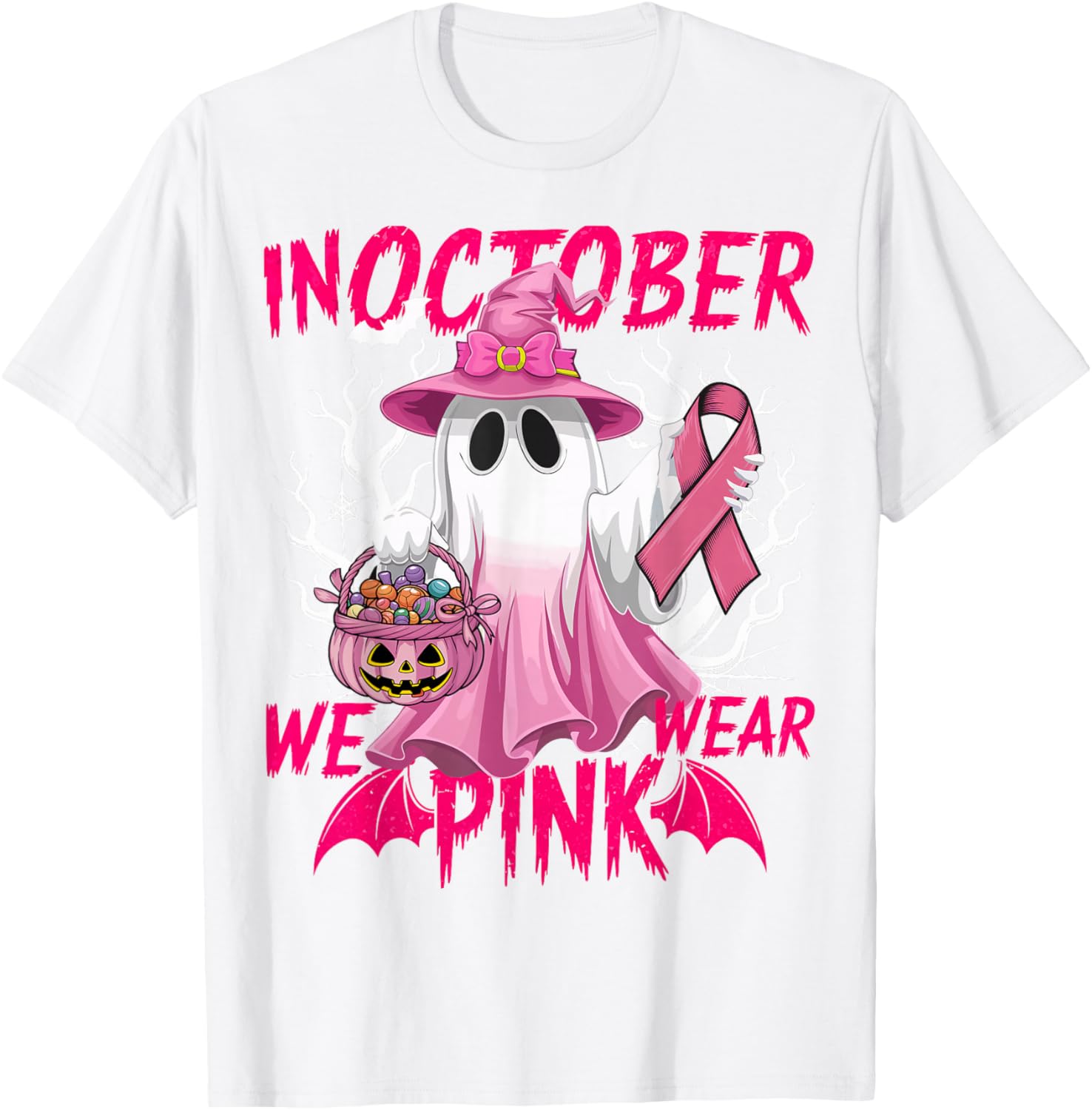 In October We Wear Pink Shirt Breast Cancer Awareness Ghost T-Shirt - T-Shirt | White