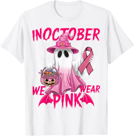In October We Wear Pink Shirt Breast Cancer Awareness Ghost T-Shirt - T-Shirt | White
