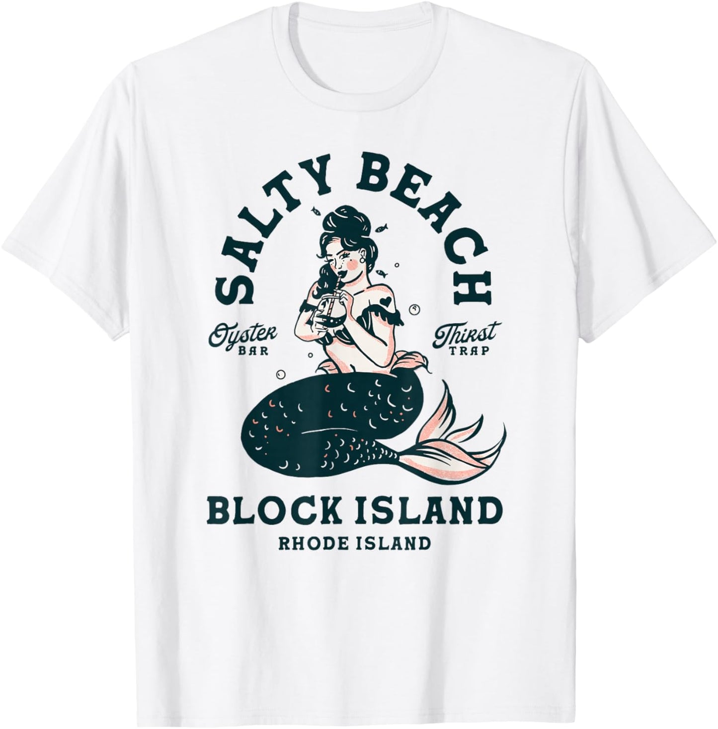 Block Island Rhode Island Oyster Bar: Pin Up Mermaid Seafood T-Shirt - T-Shirt | White