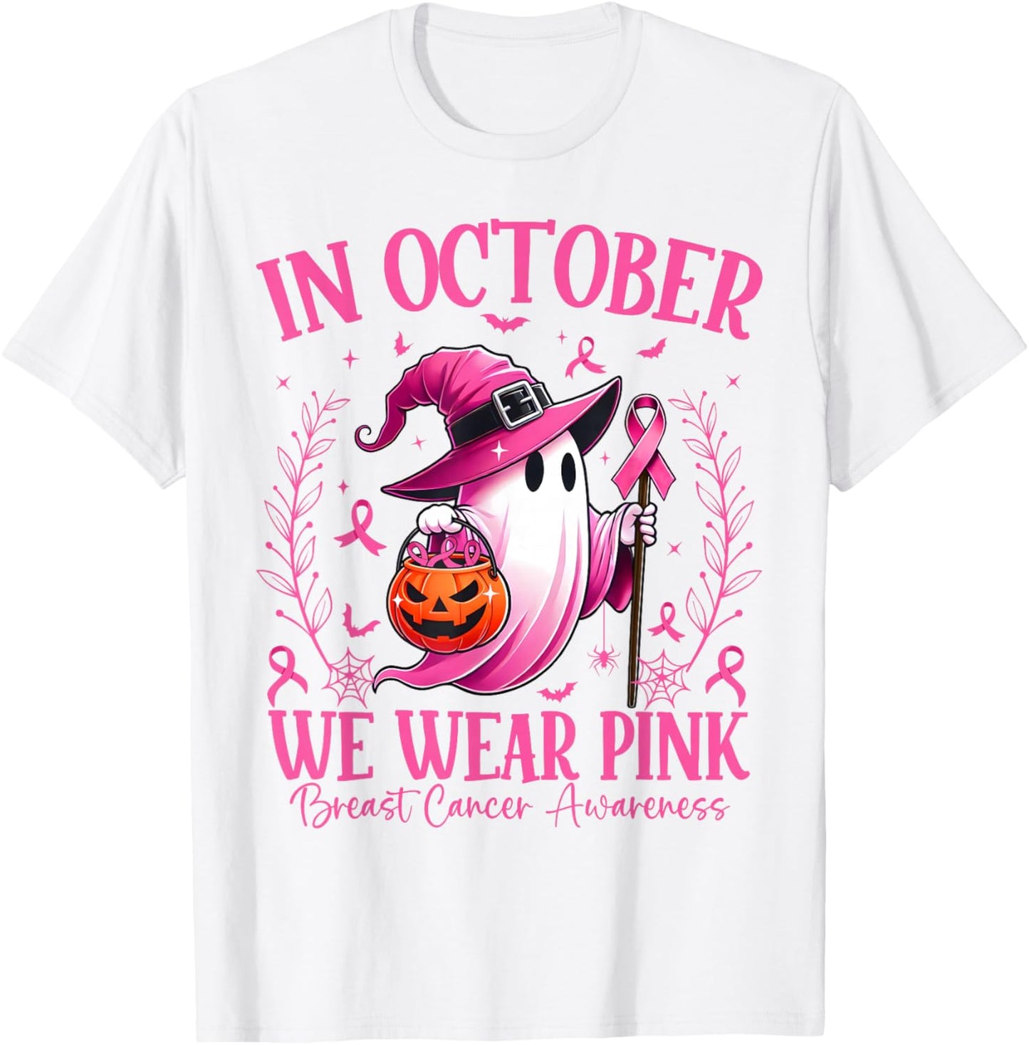 In October We Wear Pink Breast Cancer Awareness Halloween T-Shirt - T-Shirt | White