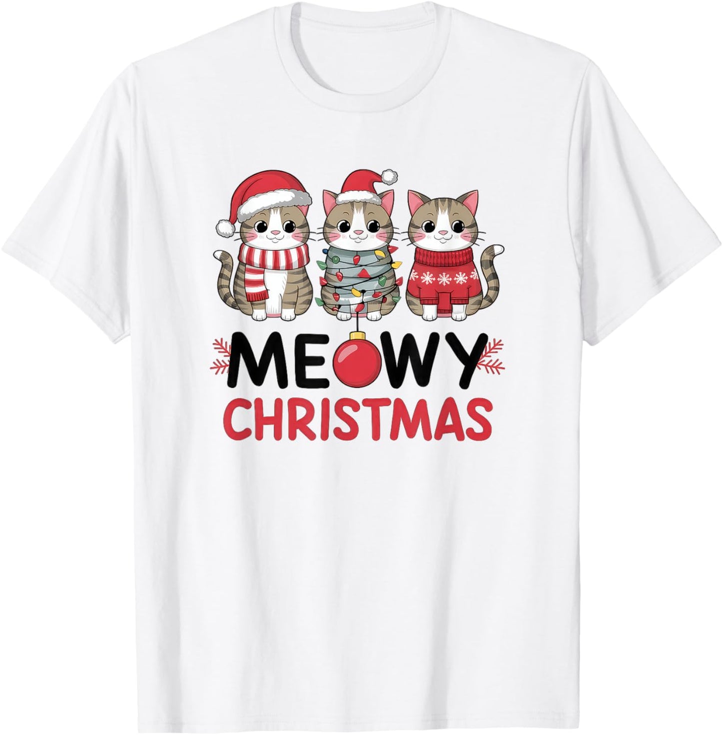 Meowy Christmas Cute Cat Merry Xmas Holiday Graphic Men Women Kids T-Shirt - T-Shirt | White