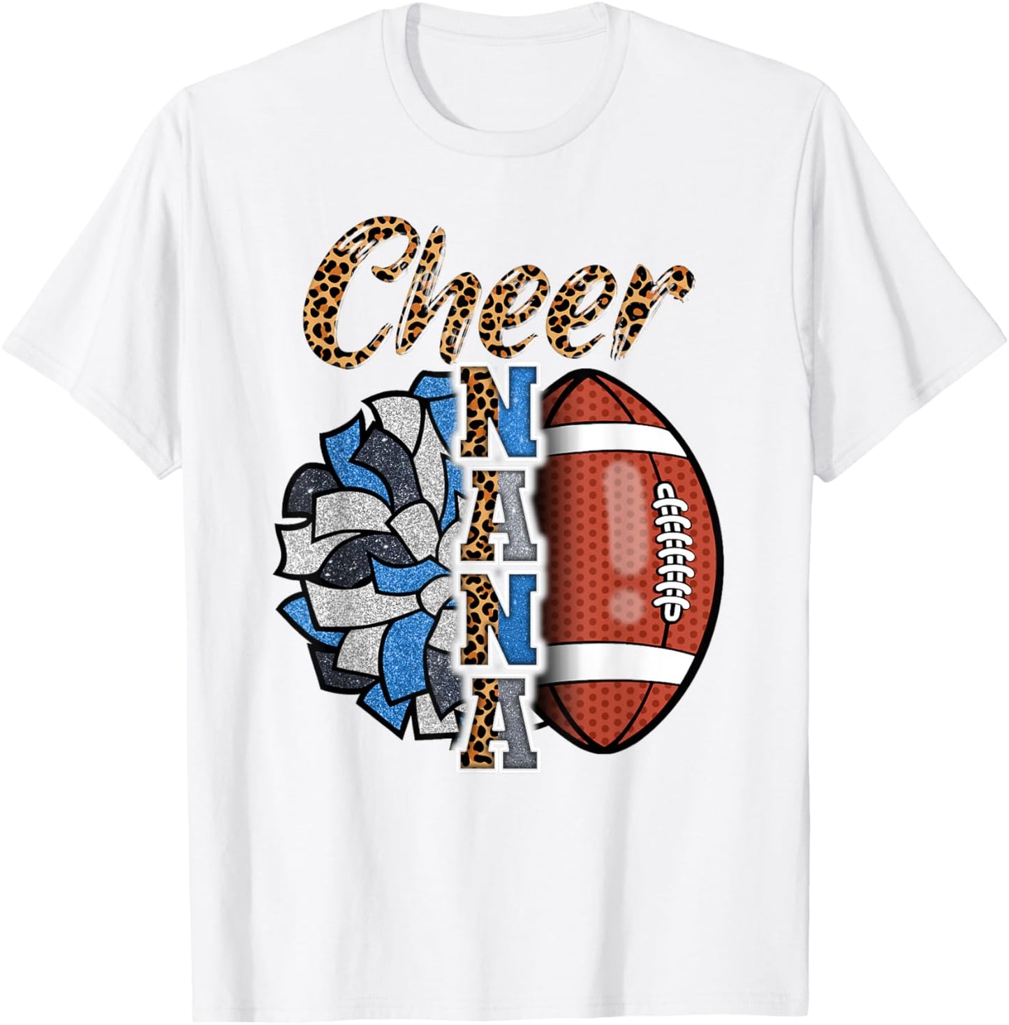 Football Cheer Nana Grandma Blue White Pom Pom Leopard T-Shirt - T-Shirt | White