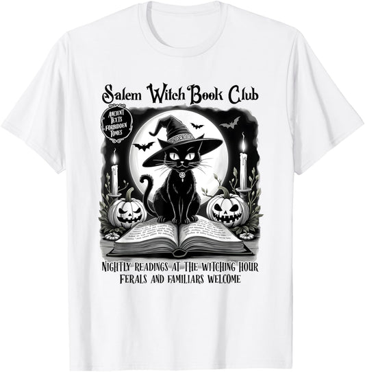 Salem Witch Book Club Spooky Halloween Black Cat Book Lovers Women Kids T-Shirt - T-Shirt | White