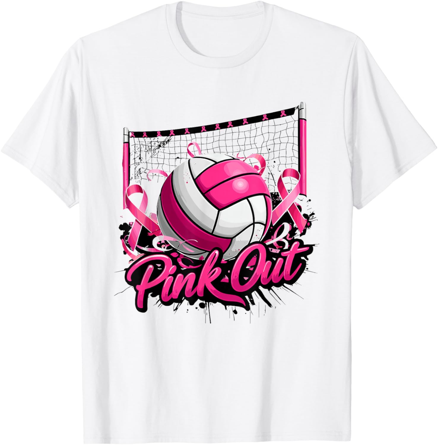 Volleyball Pink Out Breast Cancer Awareness Pink Ribbon T-Shirt - T-Shirt | White