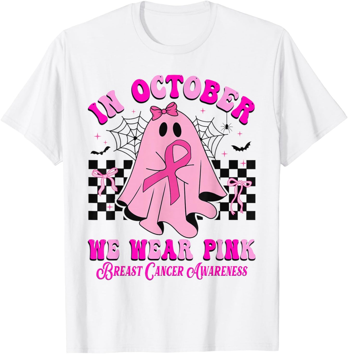 In October We Wear Pink Ghost Halloween Breast Cancer Ribbon T-Shirt - T-Shirt | White