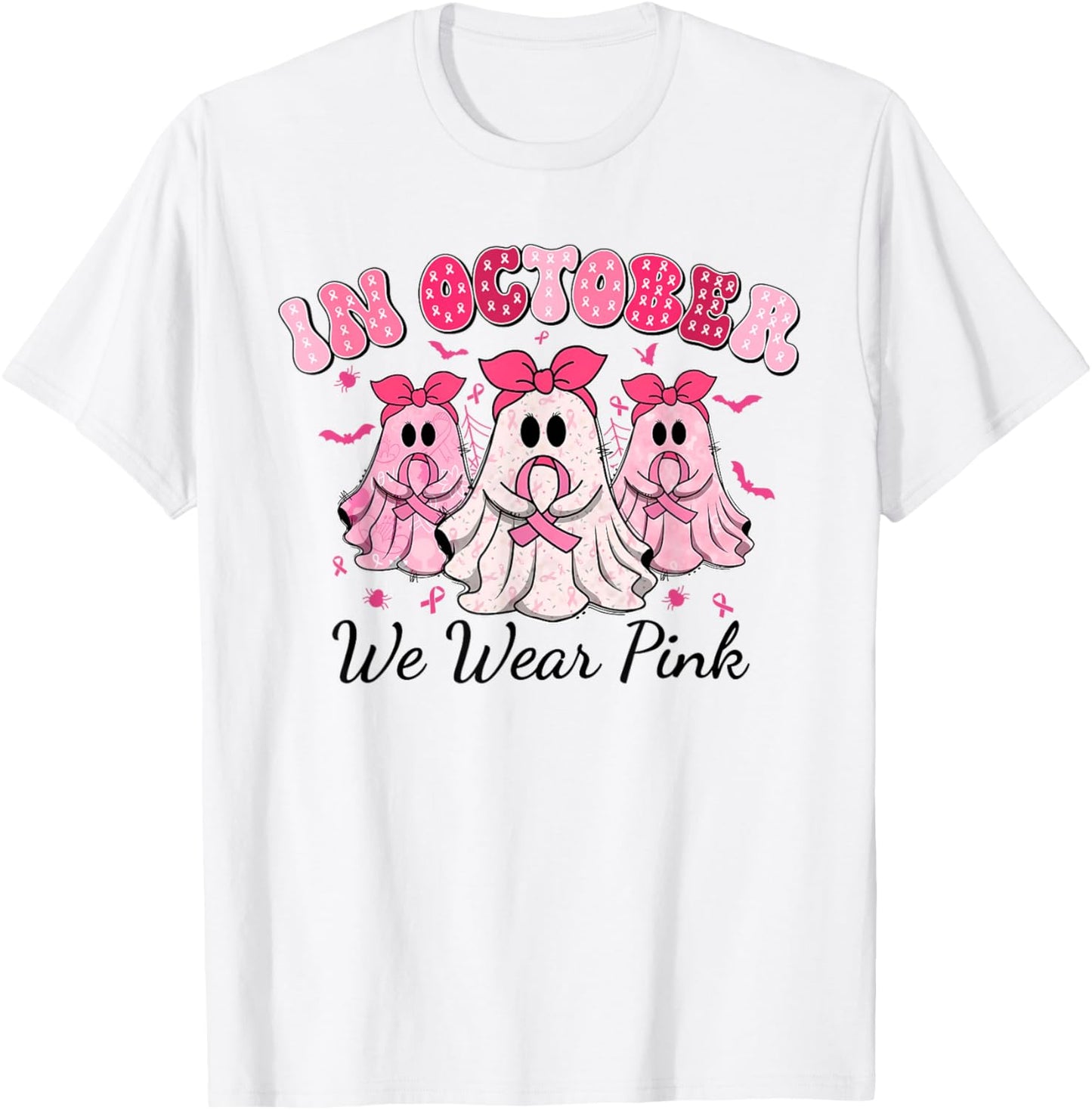 Cute Spooky In October We Wear Pink Breast Cancer Awareness T-Shirt - T-Shirt | White
