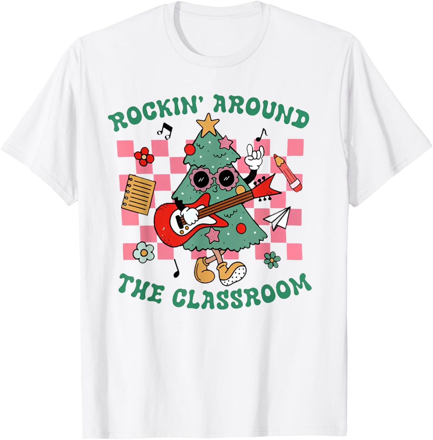 Retro Groovy Teacher Christmas Rockin' Around The Classroom T-Shirt - T-Shirt | White