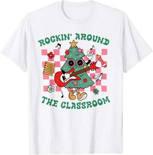 Retro Groovy Teacher Christmas Rockin' Around The Classroom T-Shirt - T-Shirt | White