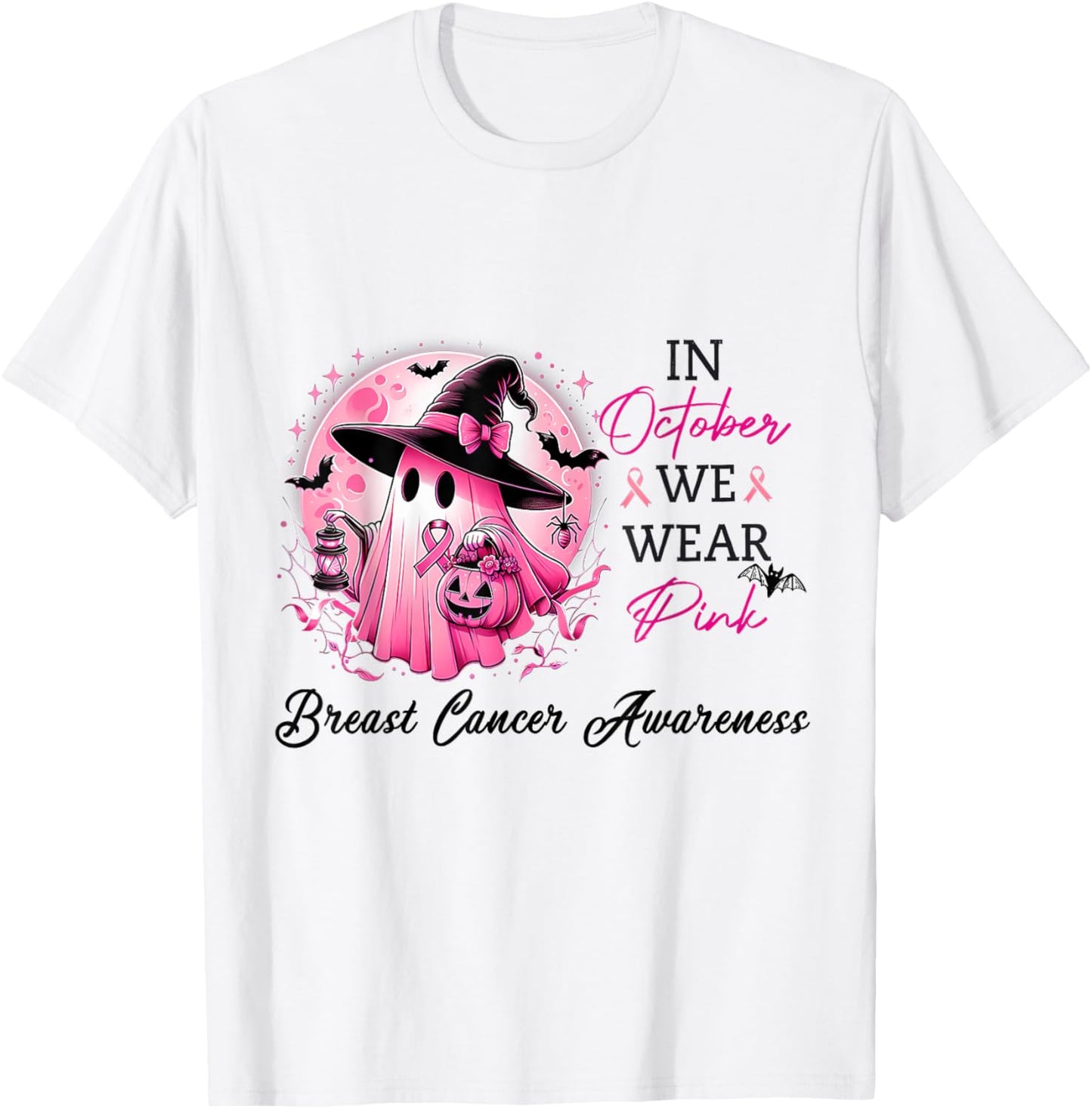 In October We Wear Pink Cute Ghost Breast Cancer Awareness T-Shirt - T-Shirt | White