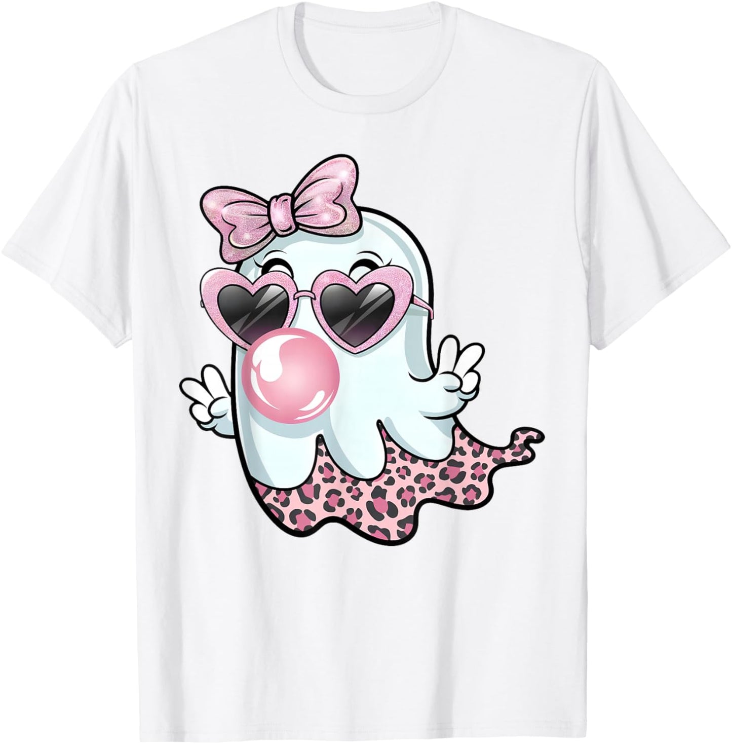 Cute Girly Leopard Ghost Blowing Bubble Gum Halloween Kids T-Shirt - T-Shirt | White